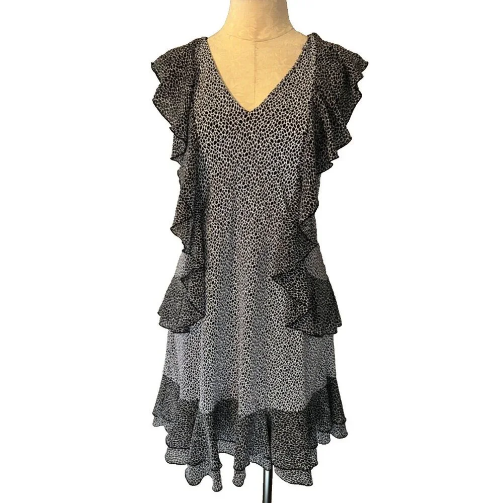 Michael Kors Dress Black White L Large Fluttery Floral Print V Neck Ruffle